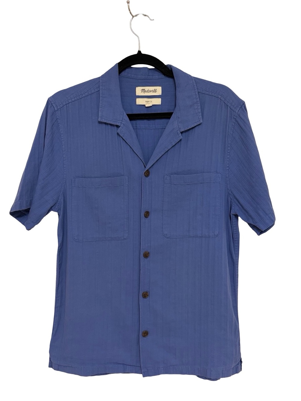 Madewell Men’s Easy Short-Sleeve Cotton Shirt in Blue Stripe Texture - Size S